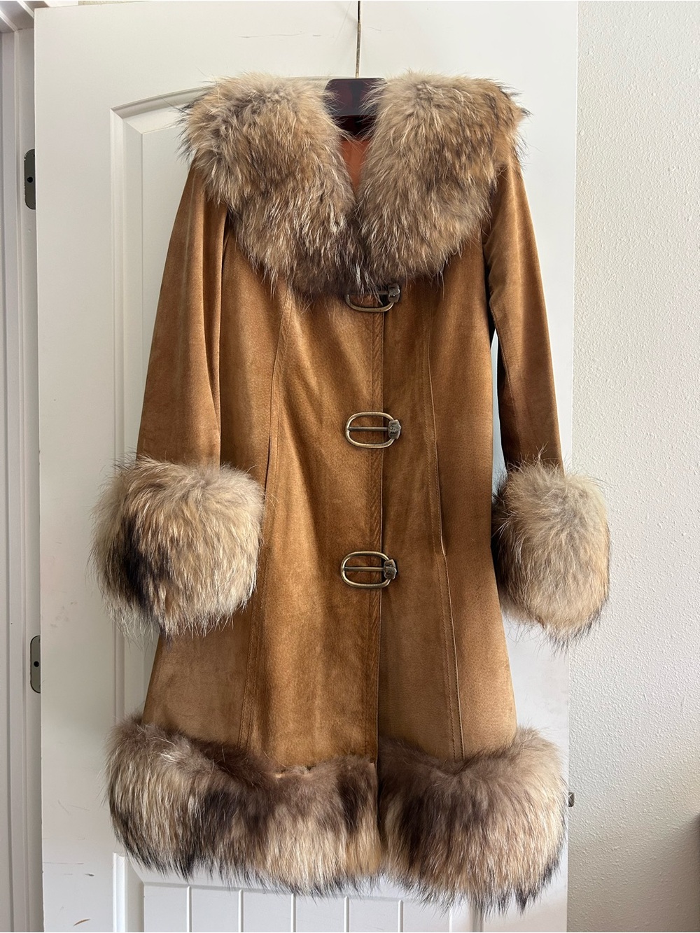 Camel Suede Trench Coat with Fur Trim